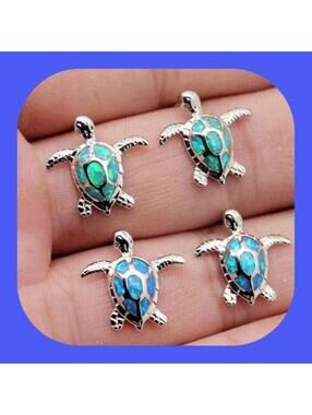 New Beautiful Opal Sea Turtle GREEN & BLUE Miniature Stud Earrings 2 Pairs $8